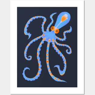 Tiny Blue and Orange Deep Sea Ocean Octopus Posters and Art